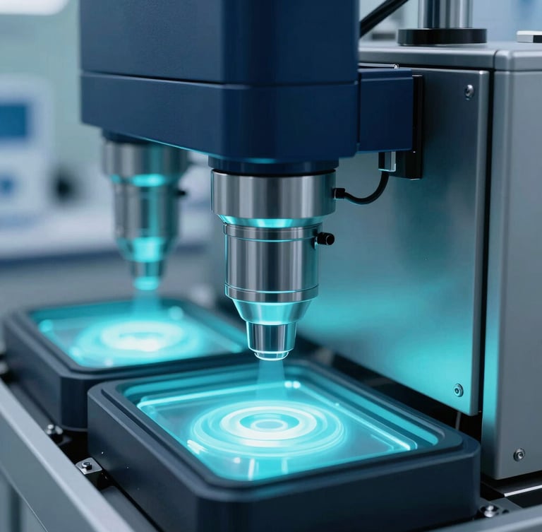 Sleek pharmaceutical automated packaging line, sterile laboratory lighting, glowing cyan and deep navy tones, crisp macro lens, 35mm