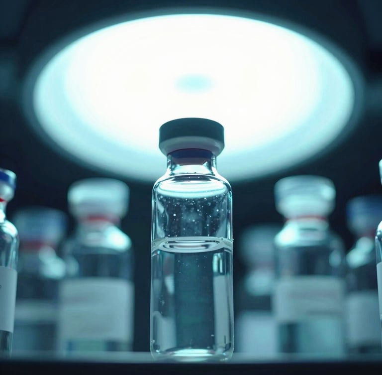 Macro photograph of sterile laboratory equipment, clean glass vials under cool clinical white light with glowing cyan ambient backlighting, 35mm