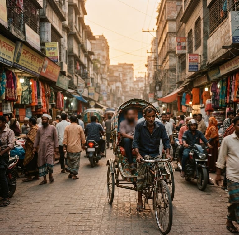 Atmospheric street scene of Dhaka at golden hour, a rickshaw puller in the foreground, soft natural light, documentary film photography, 35mm lens