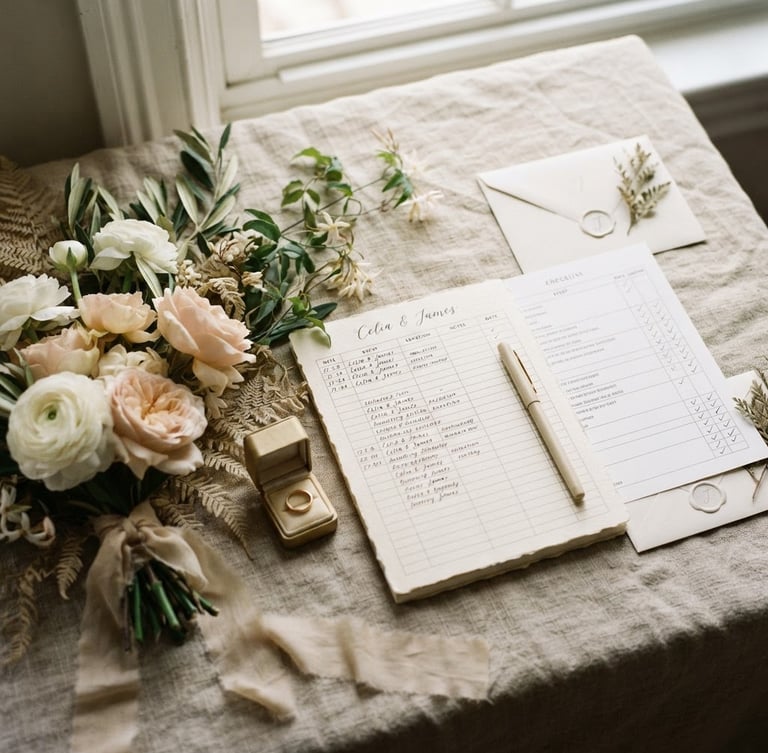 tight crop on a structured flat lay of minimal wedding planning spreadsheets and floral details on a textured linen surface, soft diffused natural window light, 35mm