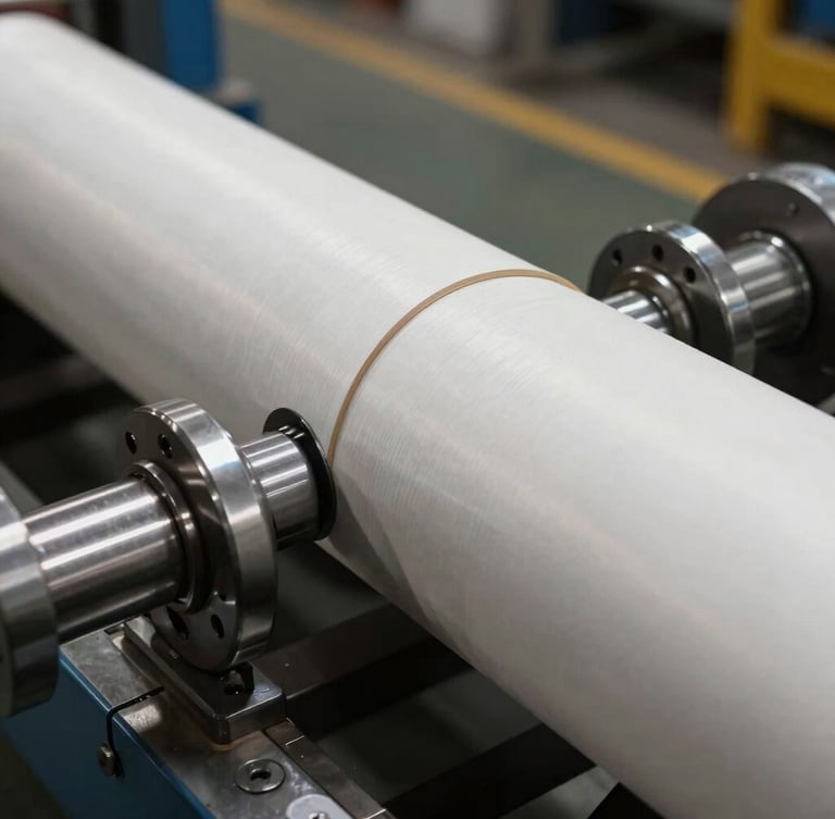 Extreme close-up of a high-precision spiral paper tube winding mandrel, hardened steel guides, raw metal texture, factory floor lighting