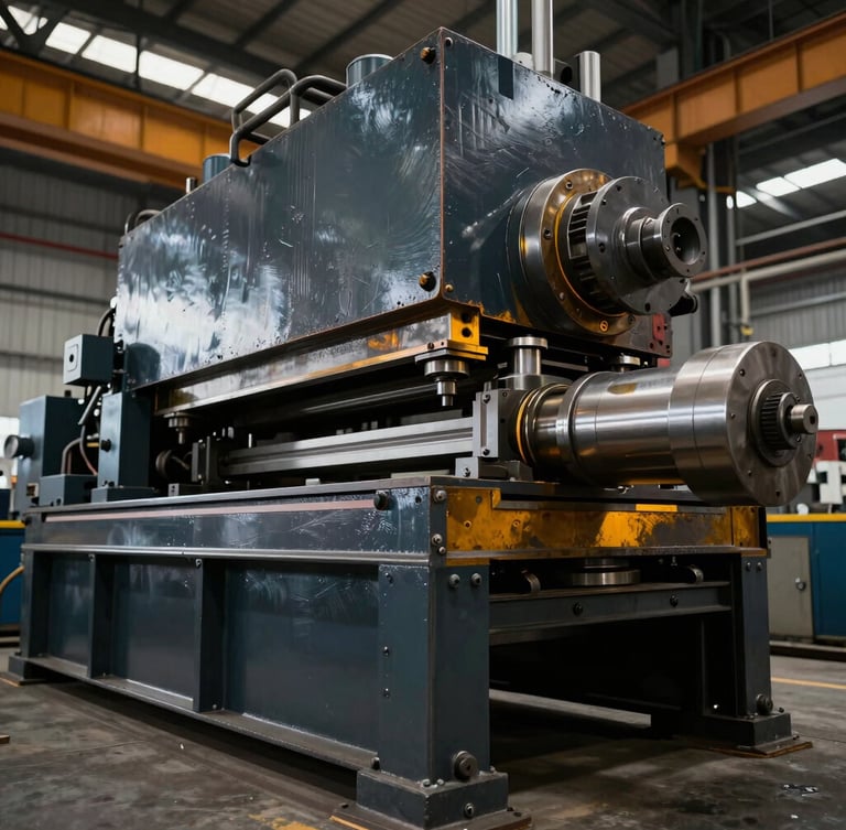 Low-angle wide shot of heavy-duty steel machinery fabrication on a factory floor, high-contrast industrial lighting, metallic steel textures, deep slate and amber tones, 50mm