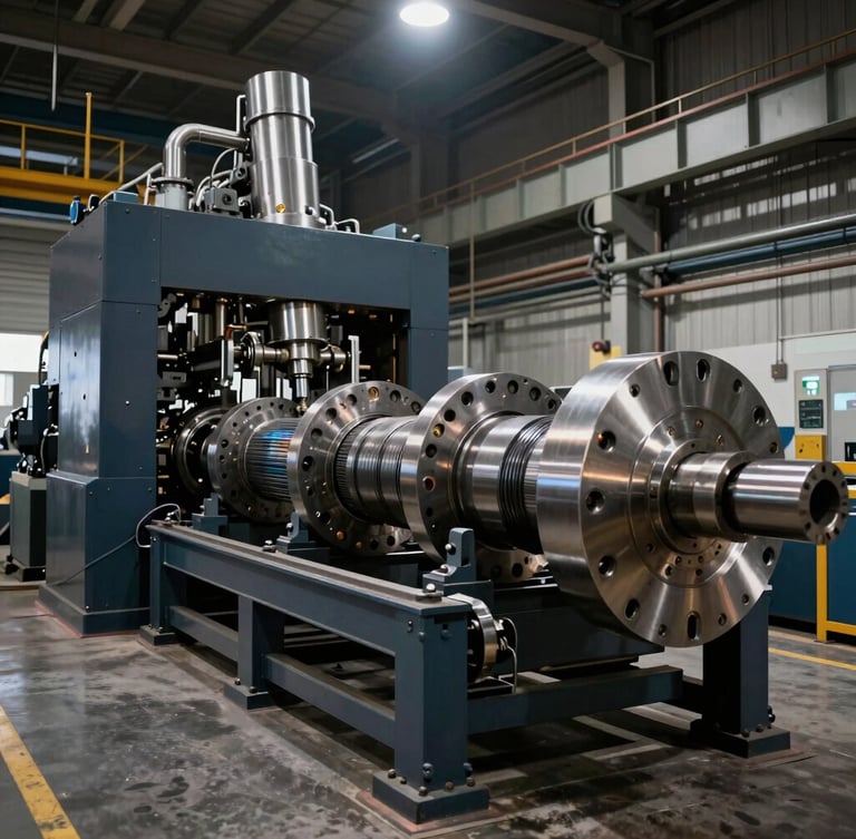 Low-angle wide shot of a massive steel secondary coating line for optical fiber cable on a factory floor, dramatic industrial lighting, sharp detail, 50mm