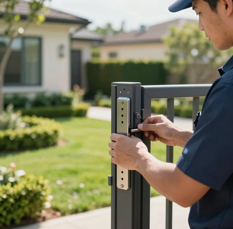 A close-up, sharp focus 35mm photo of a uniformed technician checking a gate lock on a pristine residential property, vibrant natural greens, bright morning light.