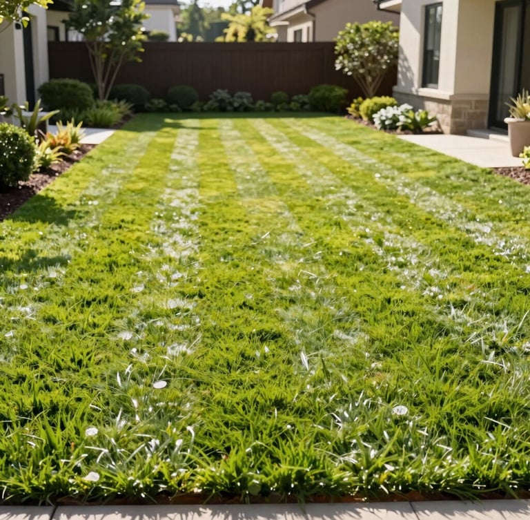 Crisp outdoor photography, bright morning sunlight, pristine freshly striped lawn with sharp hardscape edges, high-end residential estate, 35mm