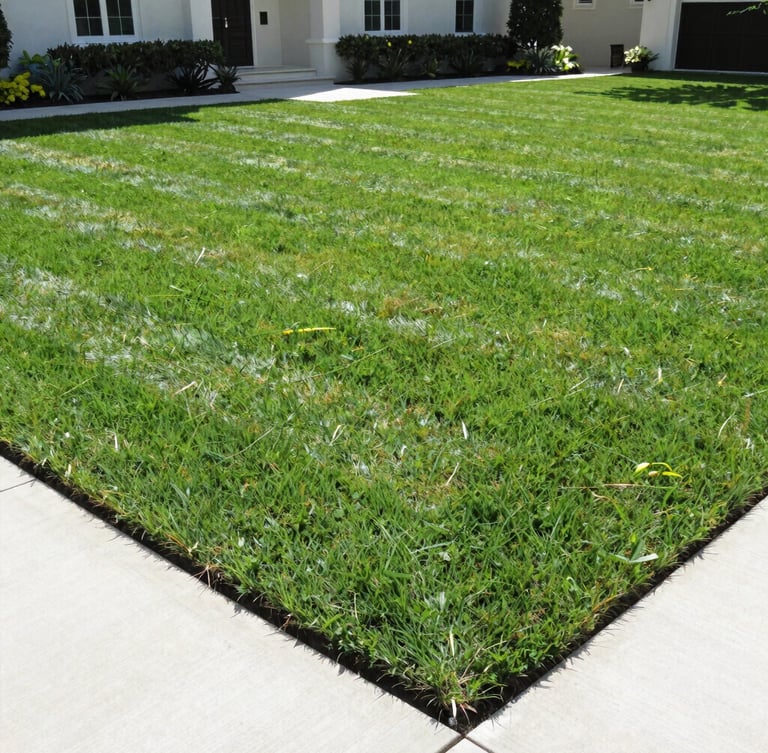 A wide-angle, crisp 35mm photograph of a luxury Jacksonville estate with perfectly striped, deep-green Bermuda grass under bright morning sunlight, sharp concrete driveway edges.
