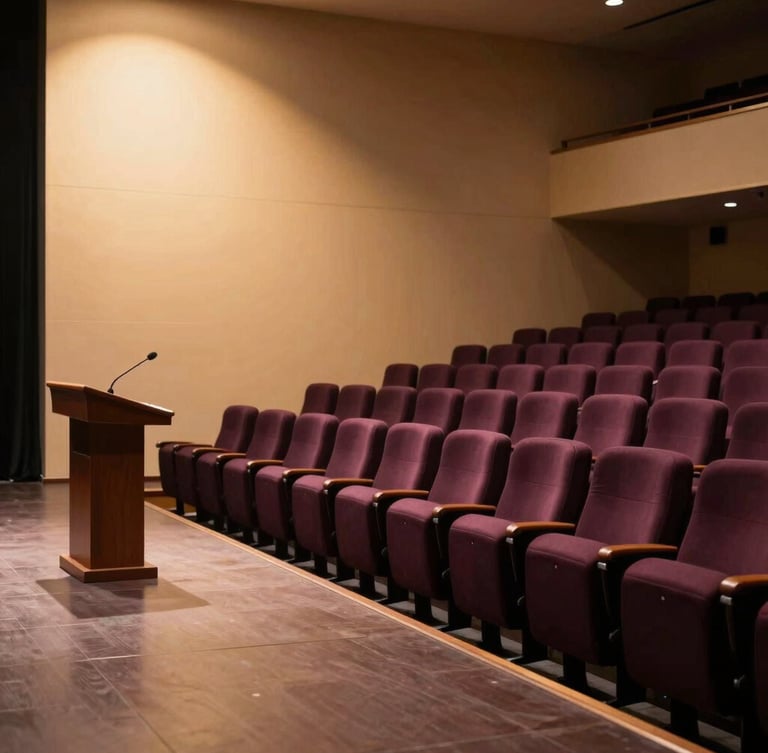 Wide cinematic shot of a modern, warm-toned auditorium stage from the side, soft golden hour backlighting, elegant empty lectern, deep plum shadows.
