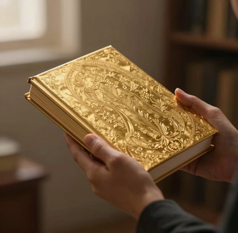Hands holding a closed gold-embossed book with reverence, warm cinematic backlighting.