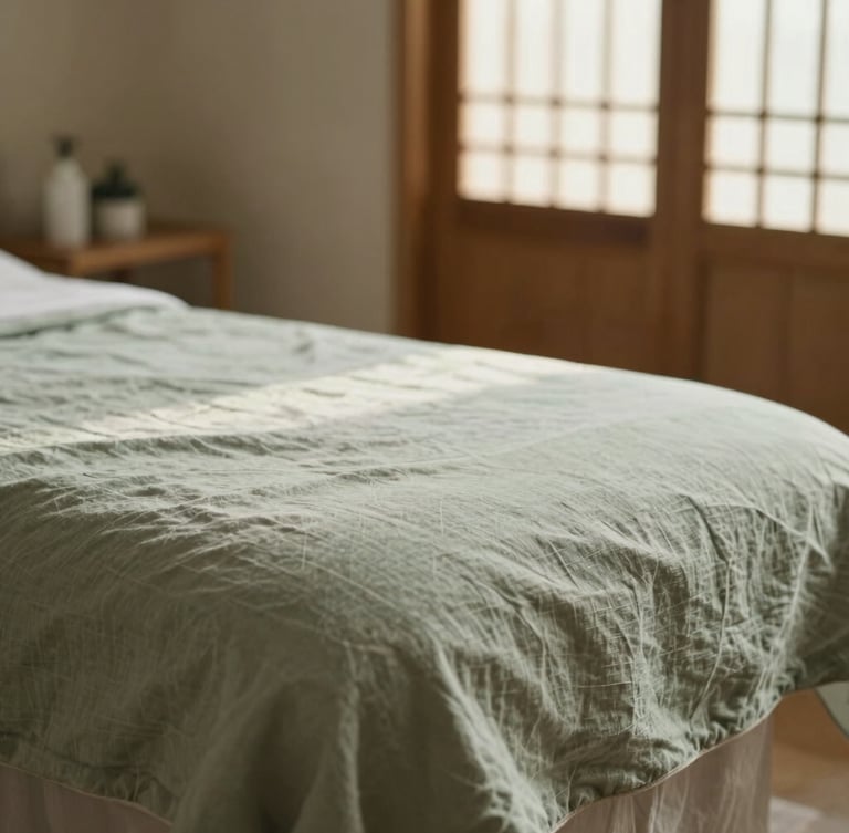 Soft-focus environmental vertical shot of a quiet treatment room, textured linen sheets, warm indirect morning light filtering through wooden screens, shallow depth of field