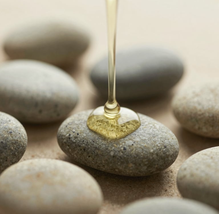 Close-up macro shot of warm herbal oil dripping slowly onto smooth basalt stones, soft diffused morning light, muted sage and sand tones, shallow depth of field