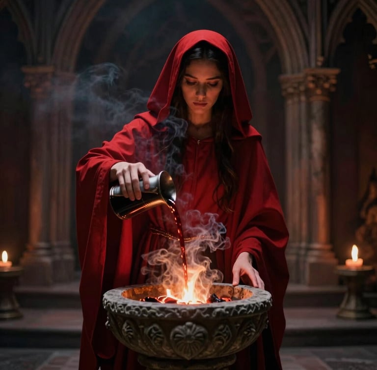A high-priestess in crimson robes pouring dark liquid into a carved stone basin, glowing embers and heavy smoke, gothic arch background.