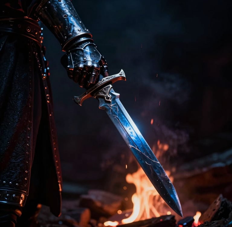 A cinematic shot of a hand clad in dark hammered steel gauntlets holding a shattered obsidian blade, lit by low-key cold blue moonlight and flickering embers.