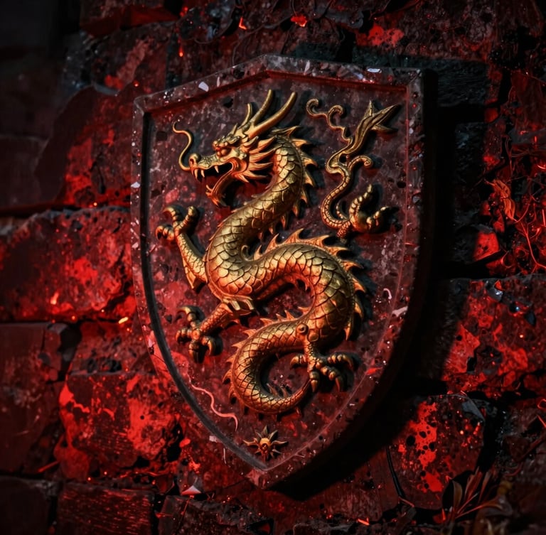 A close-up of a weathered stone shield carved with a golden dragon crest, illuminated by dramatic red firelight, casting deep shadows on scorched castle walls.