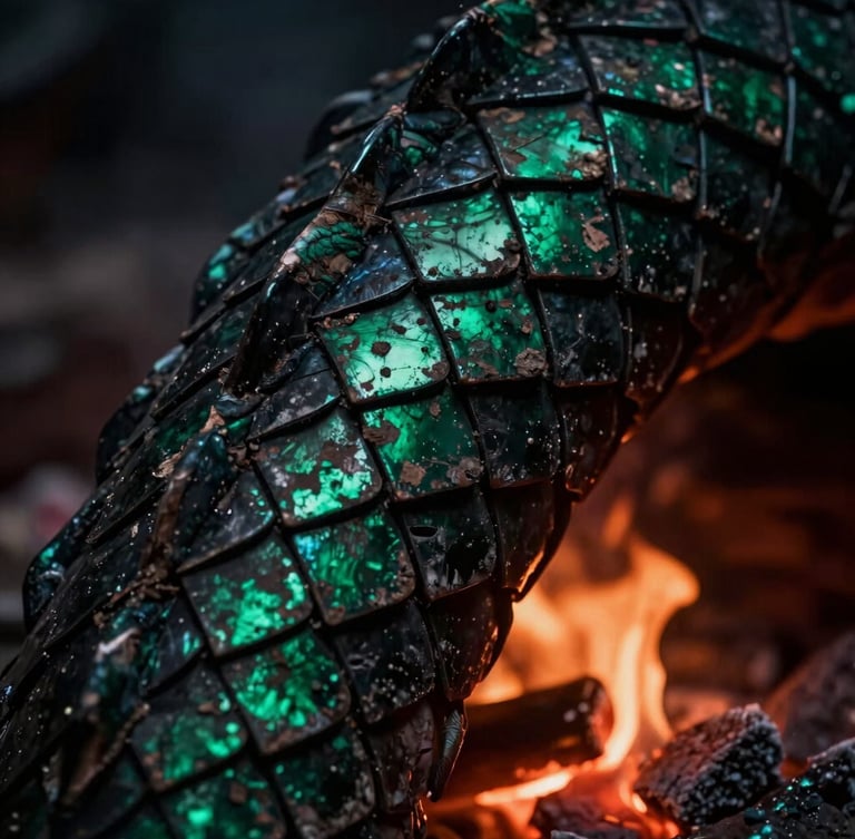 Close-up of weathered dragon scales shimmering in dark emerald green and charcoal black, caught in the dramatic low-key glow of flickering embers, weathered and scarred.