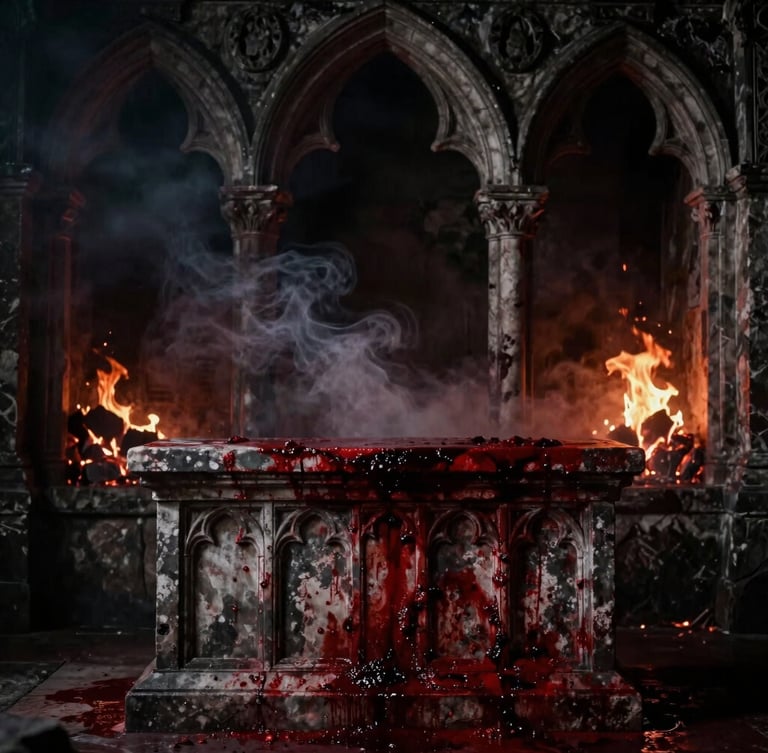 A weathered stone altar stained with dark crimson blood, ancient gothic arches framed by flickering embers and thick charcoal smoke, cinematic low-key lighting, 35mm