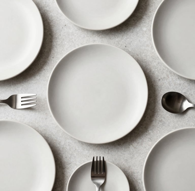 Sharp, geometric top-down flat lay of matte ceramic plates and brushed steel utensils resting on a clean light gray stone countertop, soft natural morning light, 35mm lens