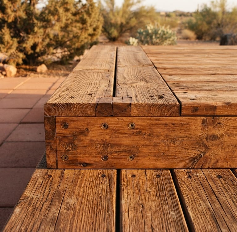 Straight-on architectural macro shot of precise wood joinery on a cedar deck, warm late-afternoon Arizona golden hour light, rich wood textures
