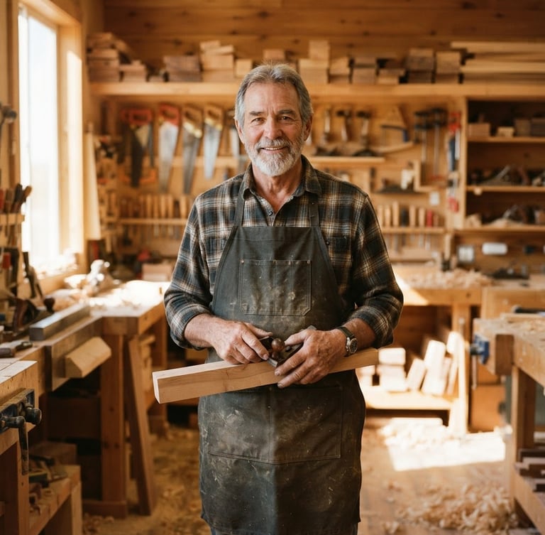 A warm, environmental portrait of Jim, a mature craftsman with weathered hands, standing in his sunlit Arizona workshop surrounded by clean timber and organized tools, 35mm photography.