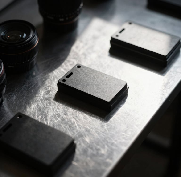 Macro close-up of physical design artifacts on a dark steel table, harsh direct sunlight casting sharp geometric shadows, minimalist monochromatic tones