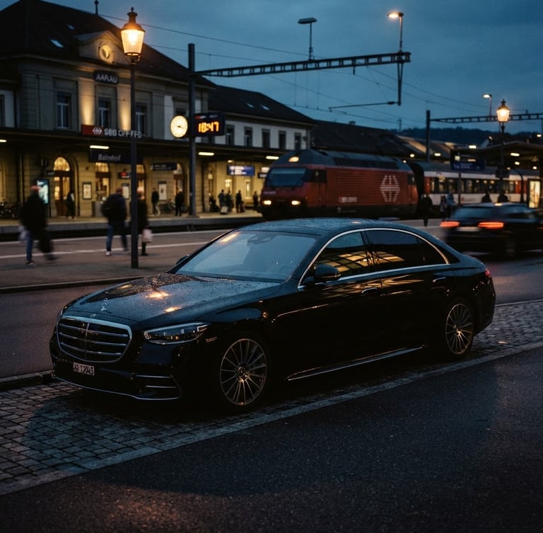 Modern black luxury sedan parked at Aarau train station at dusk, cinematic street-light reflections on its metallic surface, deep shadows, warm amber accents, 35mm