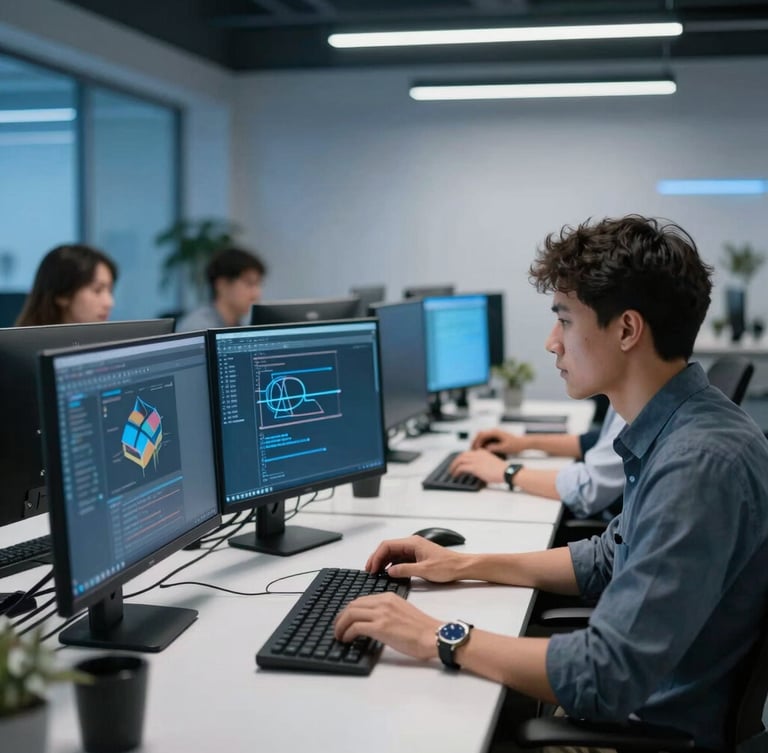 Crisp commercial photography of a modern, high-tech engineering office, focused software developers working on multi-screen setups, cool blue ambient light, 35mm lens.