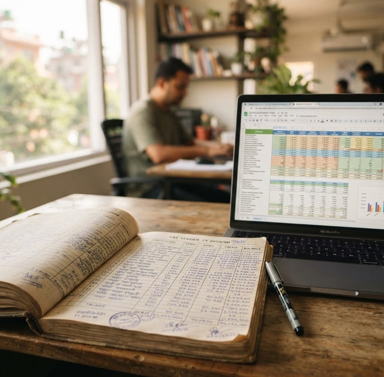 A close-up of physical tax ledgers and structured financial models on a screen in a modern Lalitpur office, warm natural window light, shallow depth of field