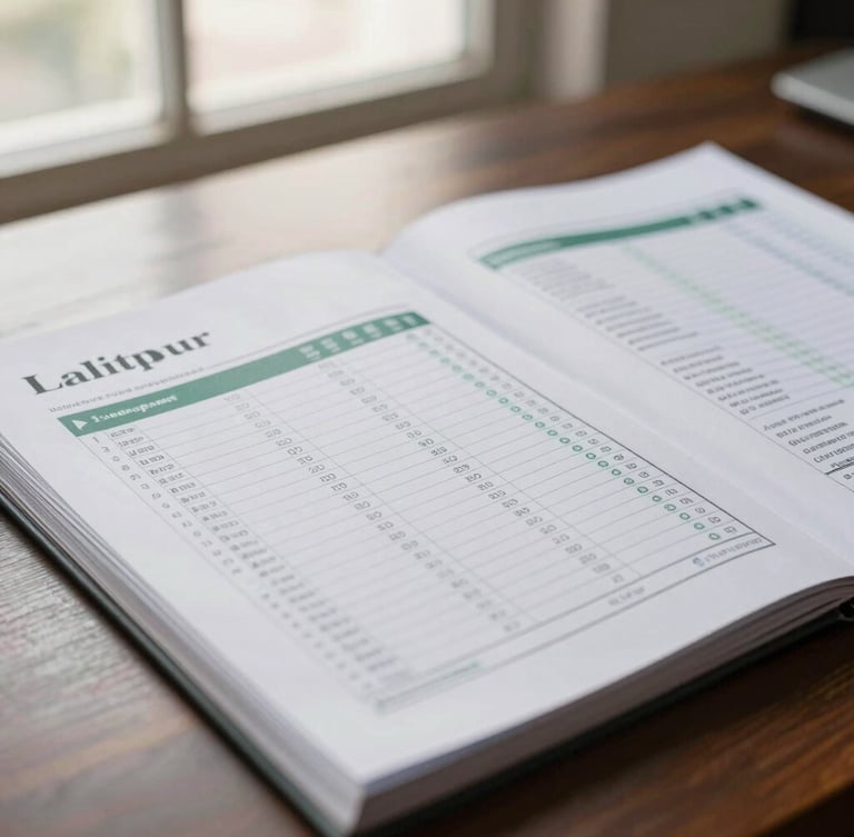 A close-up of structured tax ledgers and corporate financial documents on a dark wooden table in a Lalitpur office, soft natural window light