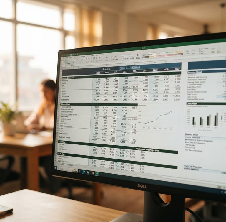 Close-up of structured financial forecasting models on a screen in a modern Lalitpur office, warm natural window light, shallow depth of field