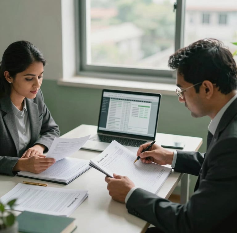 A high-angle environmental portrait of financial advisors reviewing physical ledgers and digital tax models in a modern Lalitpur office, soft natural window light, deep green accents