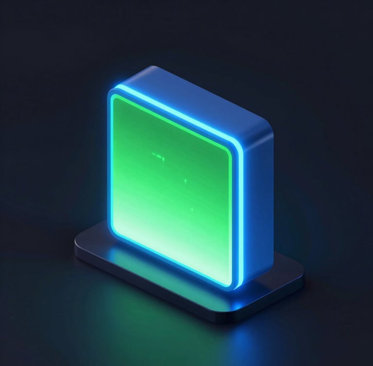 Sleek dark-mode 3D render of an isometric glowing digital portal, neon electric blue and toxic green light beams, high-contrast tech aesthetic.