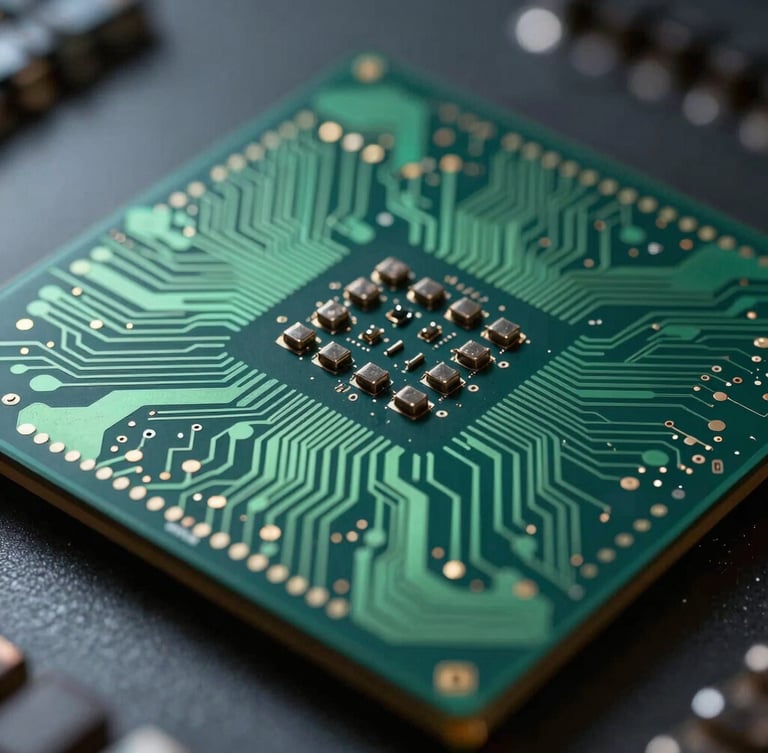 Extreme close-up of a high-performance silicon processor with precise emerald green circuit pathways under dramatic, low-key technical lighting.