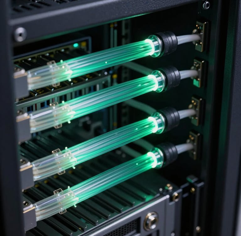 Extreme close-up of technical precision, glowing emerald fiber optic cables routed through dark server racks, sharp high-contrast technical detailing