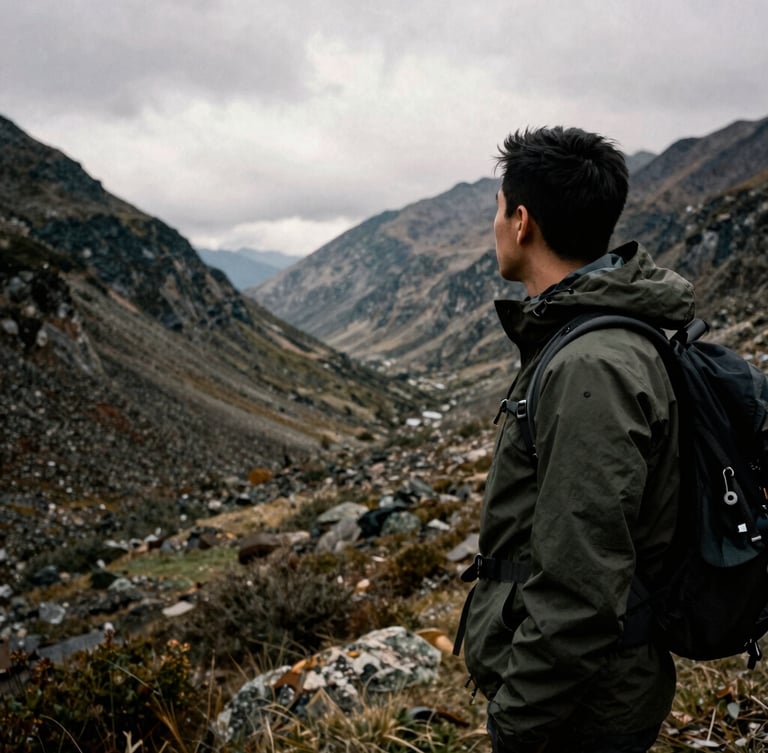Moody film photography of a hiker in a dark green jacket looking out over an overcast mountain valley, desaturated earthy tones, high-contrast shadows