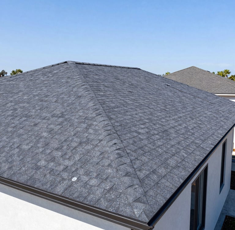 Clean wide-angle architectural shot of a newly installed asphalt shingle roof on a modern suburban home, bright sunny daylight, sharp focus, 35mm.