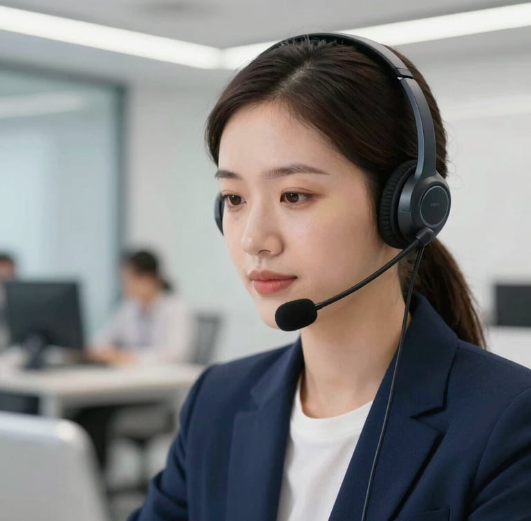 Medium close-up of a professional virtual call center agent with a headset, bright modern corporate office lighting, deep indigo accents, sharp focus, 35mm