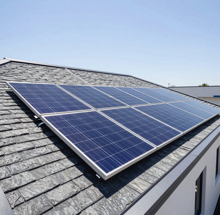 Bright sunny daylight, wide-angle clean architectural shot of modern residential solar panels on a sleek slate roof, high-contrast, 35mm