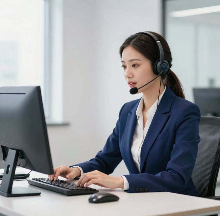 Focused professional virtual agent wearing a headset speaking clearly, bright high-key corporate office lighting, clean modern desk setup, 35mm