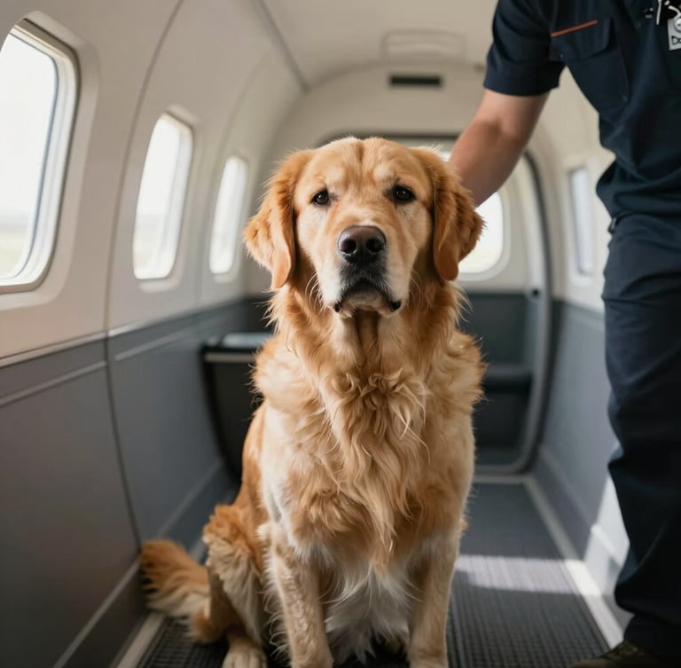 Eye-level shot of a calm golden retriever sitting comfortably inside a spacious, clean, well-ventilated transport cabin, warm natural window light illuminating its relaxed face, professional handler's hand gently resting on its shoulder.