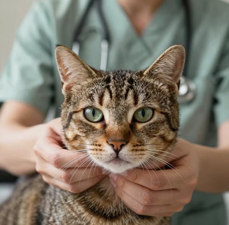 Close-up eye-level shot of a calm tabby cat being gently examined by a professional vet wearing a soft sage uniform, warm natural lighting.