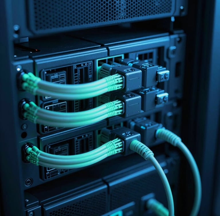 Macro shot of clean, glowing server cabling in a dark server rack, cool blue and neon teal low-key dramatic lighting, sharp depth of field