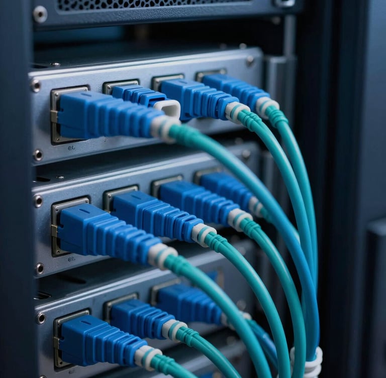 Macro detail of high-density server rack with clean, perfectly routed blue and teal fiber optic cabling, cool dark studio lighting, shallow depth of field.