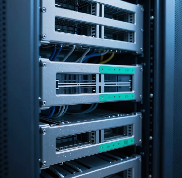 A close-up shot of clean, structured server rack cabling under cool blue studio lighting, showcasing precise technical organization.