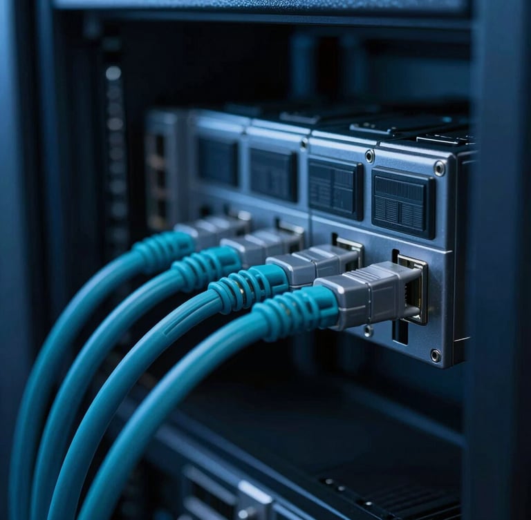 Macro details of organized server cabling under cool blue studio lighting, sharp focus, high contrast, depth of field.