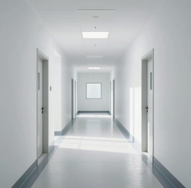 Symmetrical architectural shot of a sterile clinical facility corridor, bright high-key daylight, immaculate clean surfaces, sharp focus.