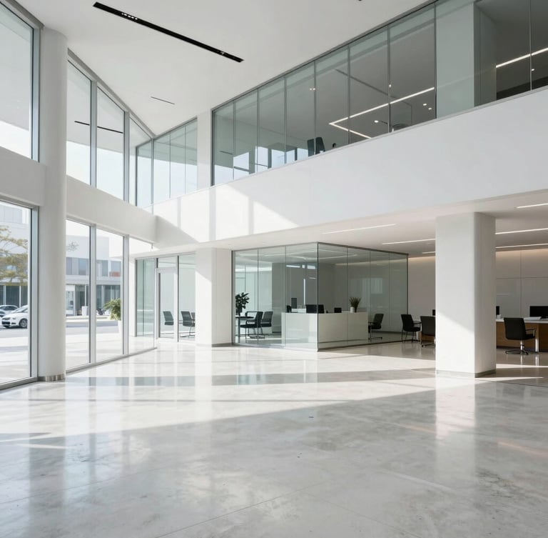 Crisp architectural photography of a pristine modern office lobby, high-key daylight reflecting off polished concrete floors, clean glass edges, sharp focus