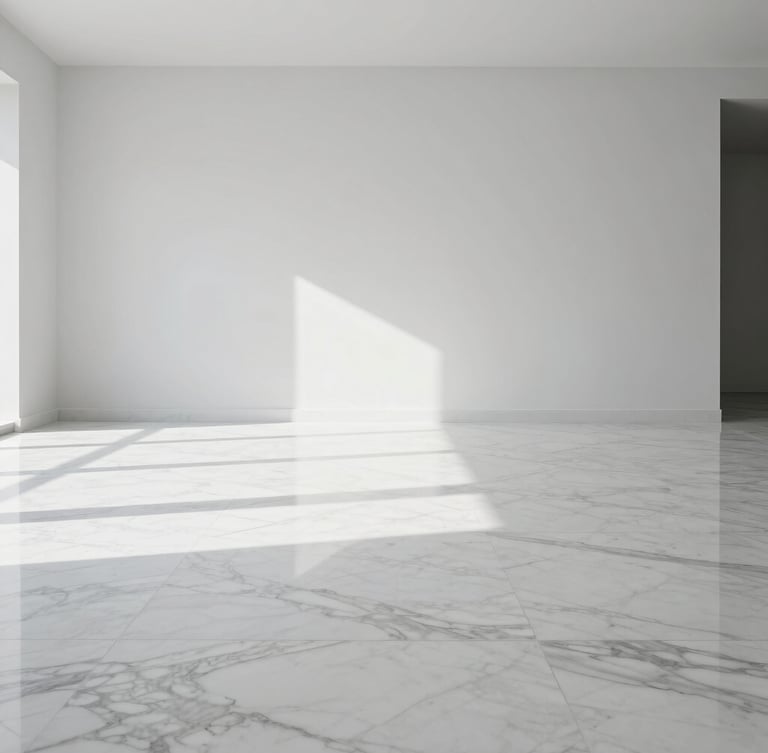 An ultra-clean minimalist modern living room with pristine marble floors reflecting bright morning light, sharp architectural lines, cool undertones, 35mm lens.