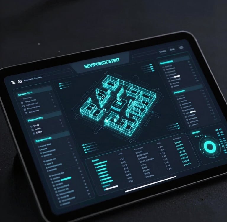 A sleek high-tech security dashboard interface on a dark tablet screen, displaying clean cyan data visualization, glowing wireframe property maps, and live threat telemetry feeds, low-key lighting