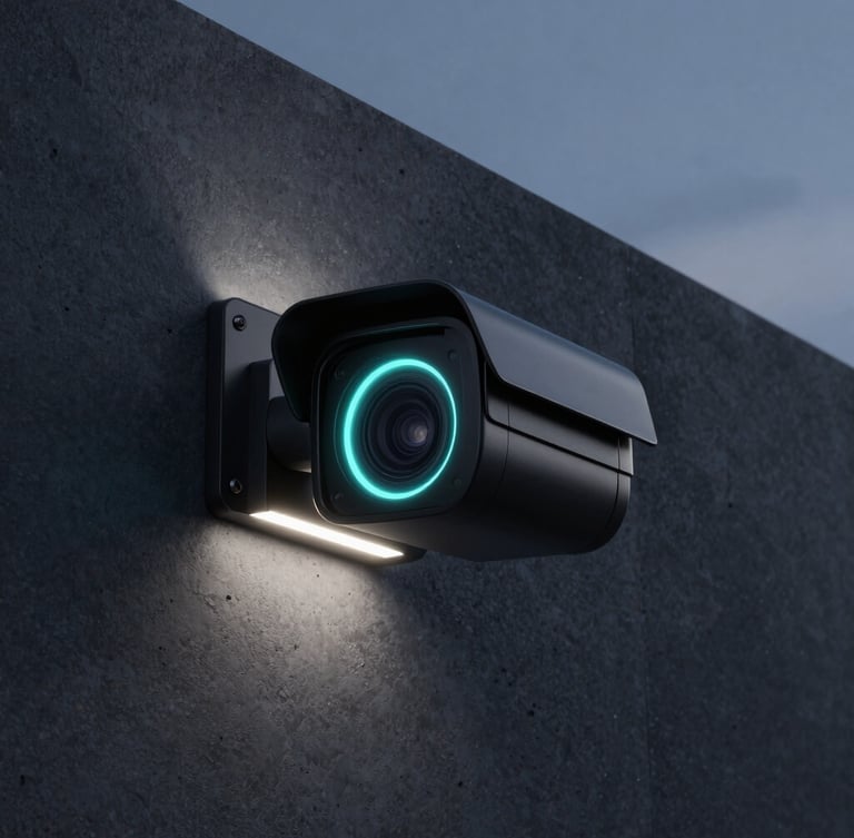 Sleek matte-black security camera with a glowing cyan lens ring mounted on a dark raw concrete wall at twilight, cool-white practical light highlighting the hardware edges, 21:9 cinematic framing