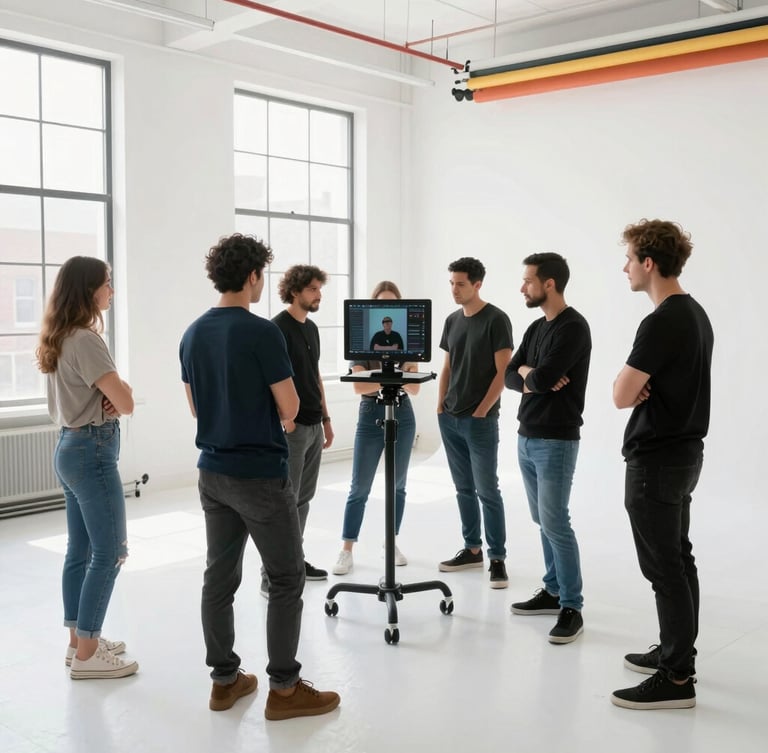 Medium-wide environmental shot of a clean, bright Brooklyn production studio, crew members collaborating around a monitor in natural window light, 35mm lens