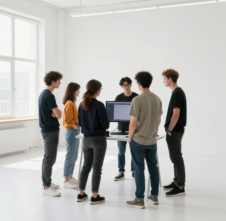 Medium-wide shot of a bright production set, a professional crew collaborating around a monitor under soft diffused white studio light, clean modern aesthetic.